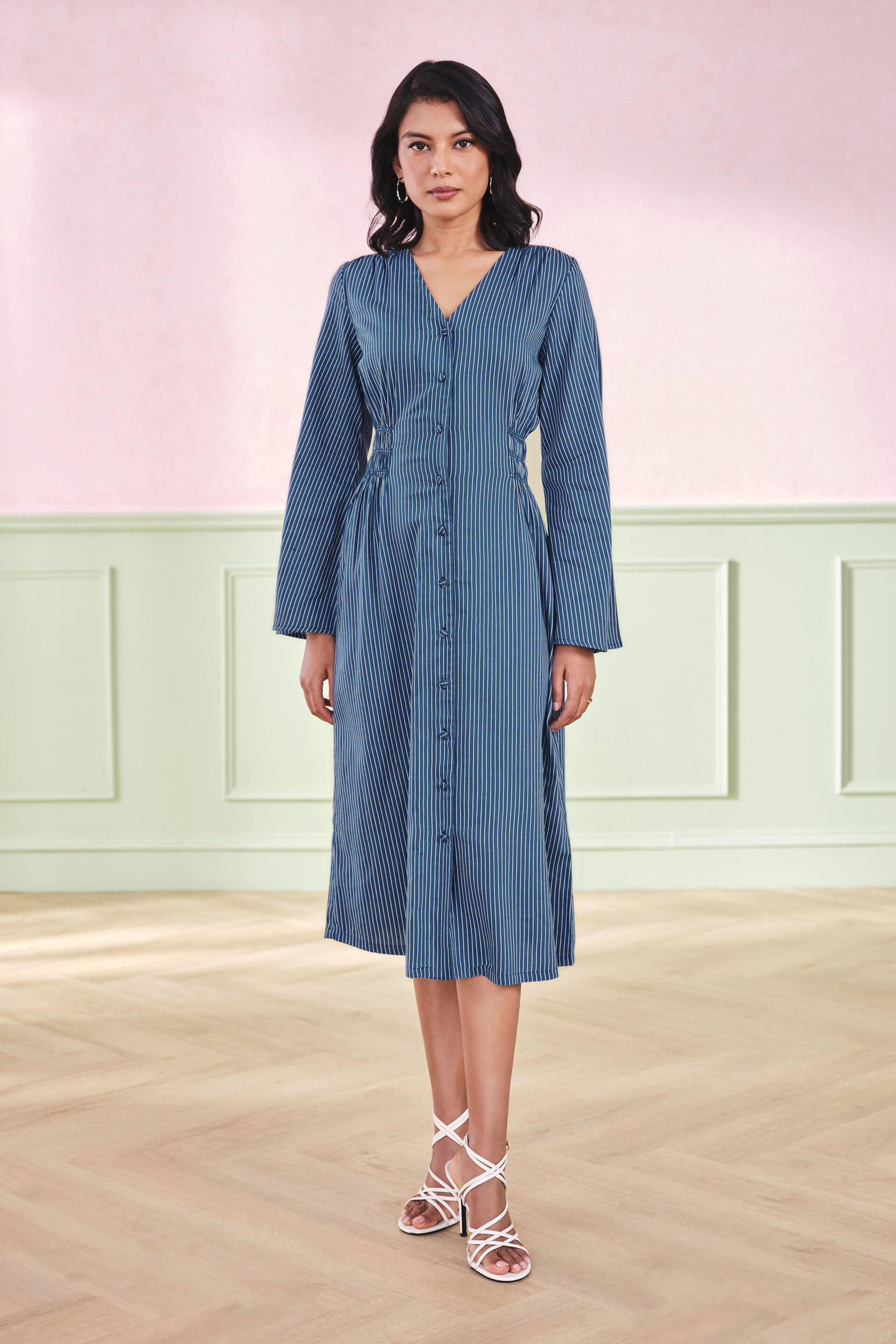 Chambray Charm Cotton Blend Dress, Blue, image 1